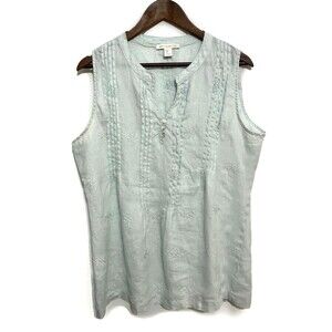 Saint Tropez West Linen Top Large Sleeveless V-Neck Embroidered Mint Green